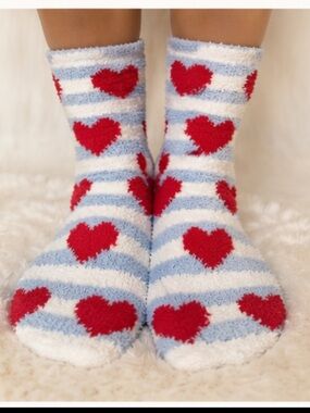 White Blue Striped Fuzzy Socks | Red Hearts | Cozy Plush Lounge Socks